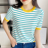 Short Sleeve T-shirts Women Striped Basic Chic Simple All-match Harajuku Retro Cotton O-neck Trendy Loose Leisure Cozy Womens