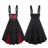 Uniwim Gothic Suspender Skirt Lace Up Ruched Layered Button Chain Skirts Ladies All Season Wear Elastic Waist Midi Skirt