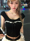 Uniwim Women Clothing Y2k Lace Backless Bow Tie Square Neck Crop Tops Sexy Sweet Slim T-shirt 2024 Popular Summer Tees.