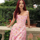 Uniwim Fishbone Corset Side Split Aline Long Dresses Ladies Elegant Flower Pink Princess Dress Summer Resort Wear N15-EF37