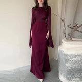 Uniwim Satin Solid Robe Dress Ladies Temperament O-neck Slim Evening Dress Elegant Batwing Sleeves High Waist Pleats Long Dress