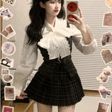 Uniwim Autumn Korean Retro Sweet 3 Piece Set Women White Shirt + Strap Vest + Pleated Skirt Design College Style Fashion Y2k Suit 2024