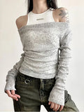 HOUZHOU Two Pieces Set Women Long Sleeve T-shirts Grunge Y2k Aesthetic Vintage Streetwear Solid Crop Top+Bottoming Tanks Fashion