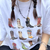 Uniwim Summer Boot Western T-Shirt Women Loose Vintage Boho Texas T Shirt Cowgirl Cowboy Cute Graphic Tees Hippie Tshirts Retro