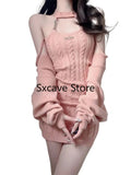 Uniwim Autumn Pink Knitted Suits Office Lady Casual Y2k Crop Tops + Mini Dress Korea Fashion Clothing Even Party 2 Piece Dress Set