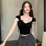 Uniwim Women'S Knitwear Bow Tie Off Shoulder V-Neck Strap Design Slim Fit Short Sleeved Crop Top Sweet Casual Streetwear Spring