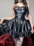 Uniwim  Gothic Pu Dress Women Coquette Streetwear Y2k Strapless Lace Trim Hollow Out High Waist Lace-up Corset Dress Partywear