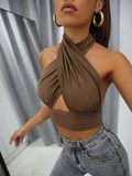 Uniwim Women Summer Tank Tops Sexy Solid Color Cross Halter Neck Push Up Hollow Crop Tops High Street Wear 2024 New Fashion