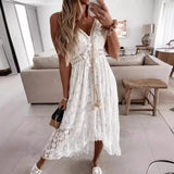 Uniwim Women's Summer Beach Dress Cover Up Slip Boho Maxi Dress Lace Up Tassel V-Neck Flare Ruffle White Beach Dresses 2024 Vacation