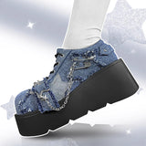 Uniwim Y2K Star Print Chunky Platform Ankle Boots Women New Metal Chain Blue Denim Boots Woman Cute Thick Bottom Jk Lolita Shoes