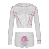 Uniwim Two Piece Set Pink Bright Line Hoodie Tracksuit Women Casual Sweatshirt Coat Y2K Low Waist Shorts Outfits 2PCS Clothes