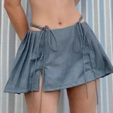 Uniwim Women Y2K Mini Skirt Drawstring Low Waist Side Pleated Mini Skirt Kawaii Sweet 90s E-Girl Aesthetic Clothes Korean Fashion