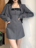 Uniwim-Korean Style Two Piece Dress Set Women Elegant Blazer Coat + Strap Dress Set Female Casual France Vintage Dress Suit Spring 2023