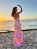 Uniwim Sexy V Neck Colorful Ruffles Sling Dress Women Backless Sleeveless Floor Length Slim Robe 2024 Lady Beach Holiday Vestido