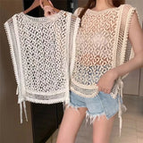 Uniwim Summer Crochet Top Shirt Women's Knitted Vest Sleeveless T Shirt Sexy Holow Out Side Lace Up Lace T-Shirt Tee Shirt Femme