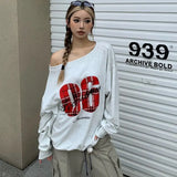 Uniwim 2024 Autumn and Winter American Streetwear Large Neckline Letter Sports Trendy Slanted Shoulder Sweatshirt Womens Loose Clothing