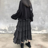 Uniwim Black Long Skirts Women Gothic High Low Ruched Ruffle High Waist Asymmetrical Midi Skirt Korean Fashion Fairy Grunge