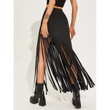 Uniwim  Tassel Punk Style Sexy Women Maxi Skirts Mall Gothic Grunge High Waist Long Skirt With Ring Belt Black Club Streetwear