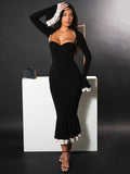 Uniwim Elegant Long Sleeve Sexy Maxi Dress For Women Gown Fashion Patchwork Square Collar Bodycon Evening Fishtail Dress