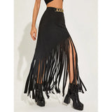 Uniwim  Tassel Punk Style Sexy Women Maxi Skirts Mall Gothic Grunge High Waist Long Skirt With Ring Belt Black Club Streetwear