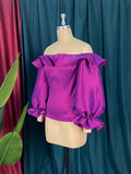 Uniwim Off Shoulder Blouse Plus Size Ruffles Long Flare Sleeve Shiny Purple Tops Evening Party Cocktail Club Wear Shirts Blouses 4XL