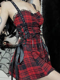 Uniwim Gothic Red Plaid Dress Women Streetwear Harajuku Emo Alt Lace Patchwork Bandage Corset Dress Y2k Cute Lolita Dress