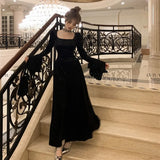 Uniwim Y2K Velvet Long Dresses for Women Flare Sleeve Square Collar Slim Waist A-line Autumn Winter Evening Party Prom Robe Vestidos