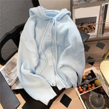 Rimocy 2024 Sky Blue Sweater Cardigan Women Korean Hooded Single Breasted Cardigan Coat Woman Lazy Loose Long Sleeve Knitwear