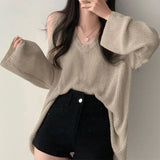 Autumn Winter Casual Fashion Hollow Out Bottoming Sweater Ladiesoff the Shoulder Knitting Top Women Sexy Loose V-neck Jumpers