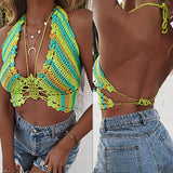 Summer Sexy Halter Backless Crop Top for Women Sleeveless Hollow Out Crochet Knit Butterfly Camisole Swimsuit Bikini Bra