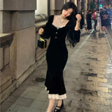 Uniwim Elegant Black Velvet Midi Dresses for Women Square Collar Slim Bodycon Ruffles Patchwork Fishtail Autumn New Evening Party Dress