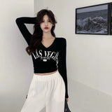 Uniwim Harajuku Letter Printing Crop Tops Women Korean V-Neck Long Sleeve White T Shirts Woman Sexy Slim Fit Y2K Short Tees