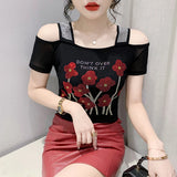 Runway Fashion European Women's Clothes Sexy Off Shoulder Letter Shiny Diamonds T-Shirts Luxury Brand Mesh Tees Tops Blouse