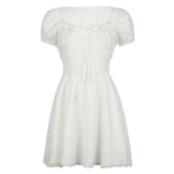 Uniwim French Style Elegant Women Short Dress Puff Sleeve White Square Collar Frill Corset Dresses Y2K Holiday Style Clothes