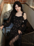 Uniwim Sexy Elegant Floral Fairy Strap Dress Women Lace Design Korean Slim Party Dress Female 2024 Autumn Black Causal Sweet Midi Dress