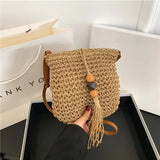 Uniwim Women Handmade Straw Woven Small Bucket Bag Fashion Crossbody Shoulder Bag Ladies Simple Design Handbag Summer Travel Beach Bag