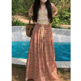 Uniwim Vintage Y2K Plaid Skirts Women Harajuku Streetwear Drawstring Long Skirt Woman Summer Elastic High Waist A-Line Skirts