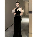 Uniwim Evening dresses Velet Ballgowns black off-shoulder Prom dress fishtail party dress H912