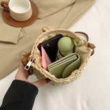 Uniwim Women Handmade Straw Woven Small Bucket Bag Fashion Crossbody Shoulder Bag Ladies Simple Design Handbag Summer Travel Beach Bag