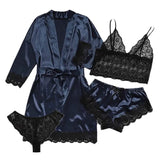 Uniwim Black Sexy Women's Pajamas Satin 4-piece Lace Silk Suspender Tops Shorts Robe Pajamas Set Nightgown Underwear Nightdress Suit