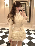 Uniwim French Vintage 2-piece Set Tweed Lace Patchwork Single Breasted Coat Ruffles Cake Mini Skirt Korean Fashion Autumn Outfits New