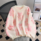 Uniwim Cartoon Pink Women Sweaters Bows Autumn Winter Korean Fashion Sweet Pull Femme Kawaii Loose Warm Retro Pullovers