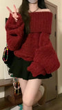 Uniwim Women Red Pullover Knitted Sweater Harajuku Y2k Long Sleeves Slash Neck Sweater Jumper Vintage 2000s Aesthetic Clothes 2024