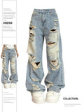 Uniwim Women's Blue Y2k Ripped Jeans Harajuku Oversize Denim Trousers Vintage Punk Baggy Jean Pants Japanese 2000s Style Trashy Clothes