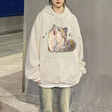 Uniwim 2024 Spring Winter Embroidery Cat Print Pullover Cute Cartoon Street Hoodies Women Men Loose Couples Clothes Versatile Top