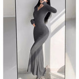 Uniwim Autumn New Solid Bodycon Midi Dresses for Women Long Sleeve Zipper Design Slim Mermaid Dress Casual Party Bandage Dress Vestidos