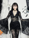 Uniwim  Vintage Dark Goth Lace T-shirt Women Sexy Aesthetice Coquette See Through Beaded V-neck Flare Sleeve Crop Tee Tops Femme