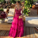 Uniwim Fuschia Tiered Ruffles Tulle Prom Dresses Sweetheart Sleeveless Pleat Ruched Saudi Arabic Evening Party Gown Customized