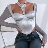 Uniwim Mesh Patchwork Halter Long Sleeve Crop Top for Women Y2k Streetwear 2024 Autumn Soild Color Sexy See Through Corset Spicy Girl