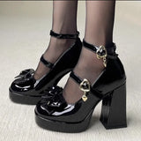 Uniwim Punk Heart Buckle High Heels Pumps Women 2025 Spring Y2K Black Chunky Platform Lolita Shoes Woman Bowtie Thick Heel Gothic Shoes